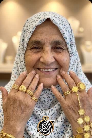 A grandmother in a floral hijab smiling behind a hand of gold rings and bracelets